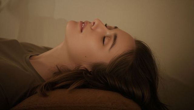 Serene woman lying on cushion with closed eyes in warm minimalist bedroom interior