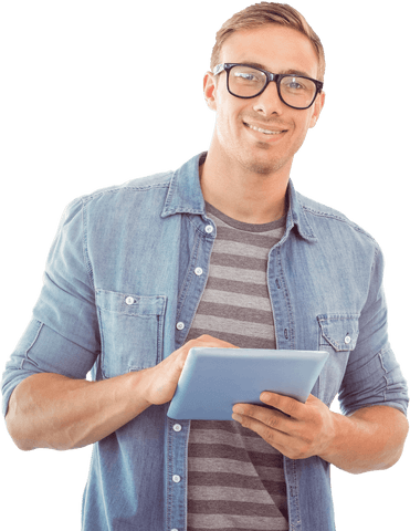 Smiling Man with Glasses Using Tablet on Transparent Background - Download Free Stock Videos Pikwizard.com