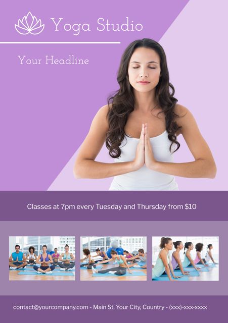 This template is ideal for promoting yoga studios offering regular classes and holistic wellness retreats. Featuring serene imagery and sections for important contact details, event times, and prices, it is perfect for advertising yoga sessions, meditation workshops, and fitness programs. Ideal for print or digital marketing to attract individuals seeking a relaxing and healthy lifestyle.