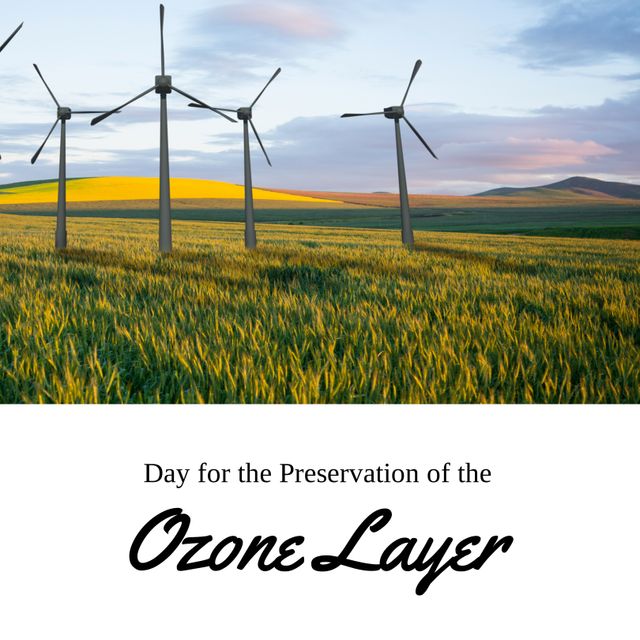 Image of windmills on a green field with 'Day for the Preservation of the Ozone Layer' text. Ideal for promoting environmental awareness, renewable energy initiatives, and sustainable practices. Suitable for educational materials, social media campaigns, presentations, and environmental advocacy projects.