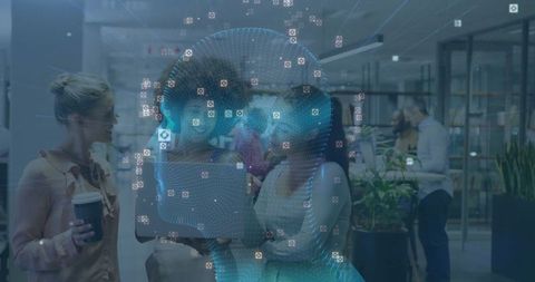 Team discussing ai with holographic projection in modern office