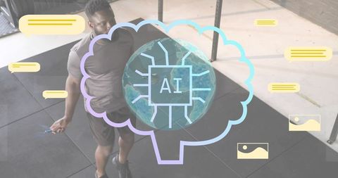 Male athlete holding jump rope training on gym mats with ai overlay fitness tech concept