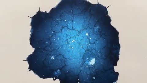Time-lapse Blue Ink Blot Drying and Cracking on Beige Paper, Abstract Liquid Art