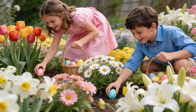 Smiling siblings collecting pastel easter eggs in blooming spring garden among tulips daisies