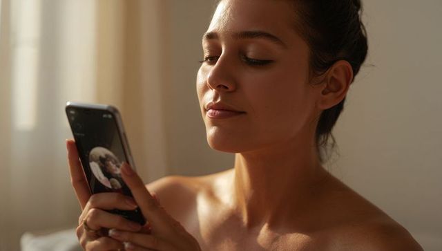 Woman holding smartphone and scrolling messages in warm morning light, intimate portrait