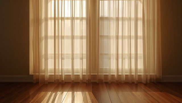 Filtering natural light through sheer beige curtains over warm hardwood floor