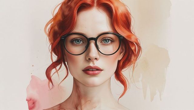 Elegance of Red-Haired Woman with Black Glasses Against Studio Backdrop