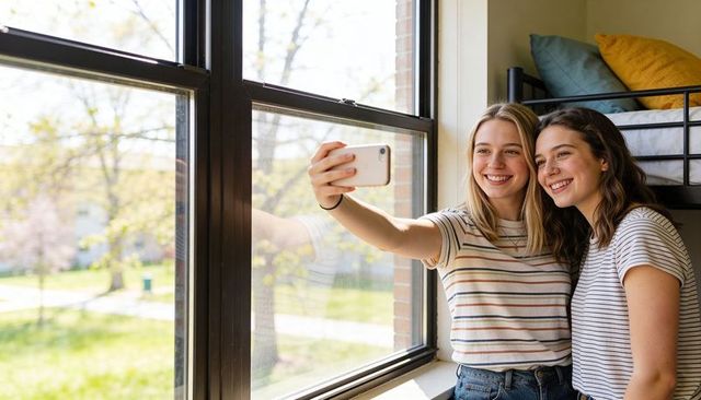 Two cheerful college friends posing for selfie by dorm room window with sunlight and bunk bed