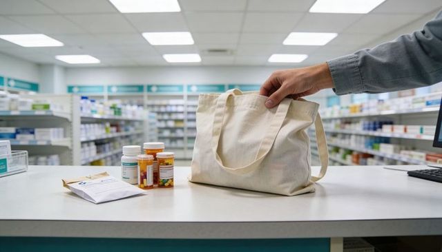 Picking up reusable tote while collecting prescriptions at pharmacy counter