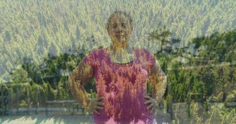 Hiker Overlooking Serene Mountain Lake with Pine Woodland Blending