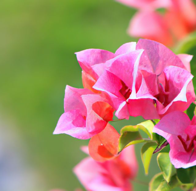 Pink bougainvillea flowers captured in close-up detail, highlighting their vibrant petals and lush greenery. Suitable for use in gardening blogs, floral catalogs, nature-themed websites, and as decor in environmental campaigns.