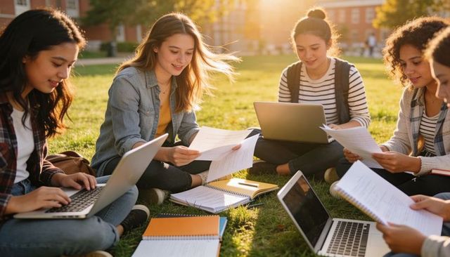 College students studying together on campus lawn at sunset, collaborating with laptops