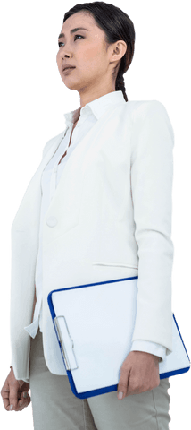 Confident Businesswoman Holding Transparent Clipboard in Office Attire