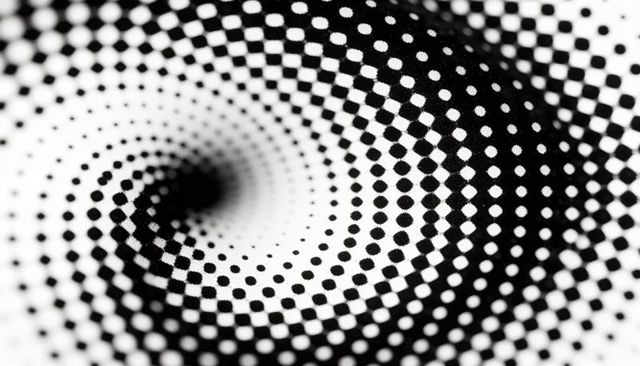Monochrome halftone spiral creating optical vortex with radial dotted grid pattern