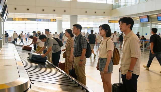 Passengers waiting at airport carousel retrieving luggage with backpacks and suitcases
