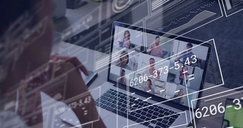 Remote Team Connecting Over Video Conference with Futuristic Data Overlay on Laptop