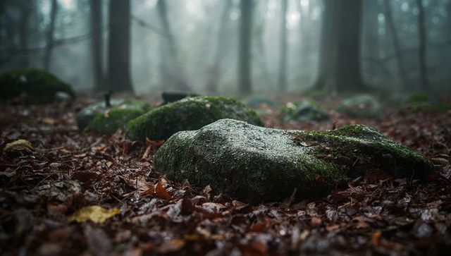Moss-covered rocks on misty forest floor with fallen leaves