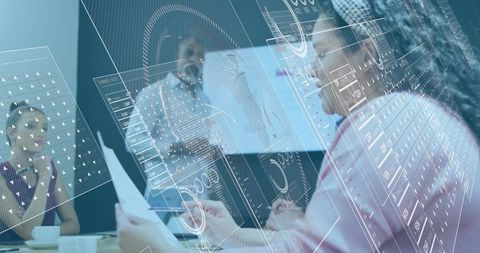Boardroom team reviewing financial data with futuristic ui overlays during presentation