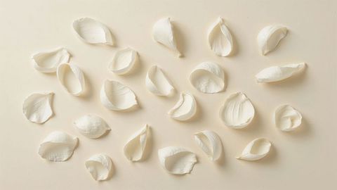 White rose petals arranged in abstract pattern on beige