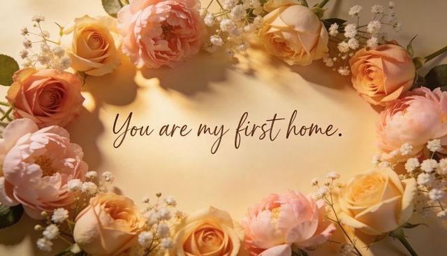 Romantic floral wreath surrounding handwritten 'you are my first home' card on ivory background