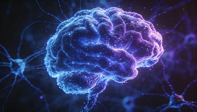Glowing neural network brain pulsing with electric particles and cosmic data flow