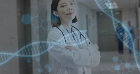 Confident Female Doctor with Digital DNA Strands Overlay - Download Free Stock Images Pikwizard.com