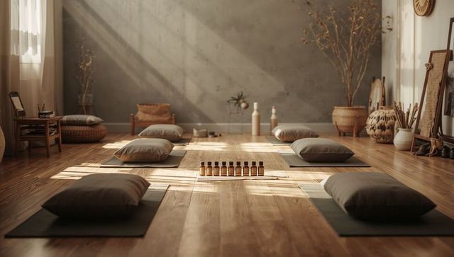 Sunlit minimalist meditation studio with yoga mats, cushions, and amber oil bottles