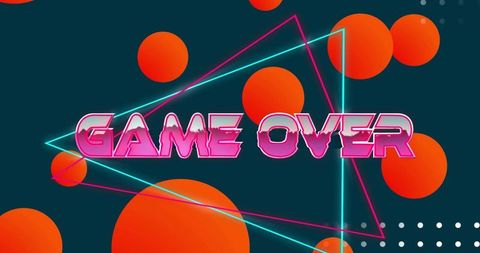 Retro neon game over banner with orange spheres, glowing triangles and vaporwave style