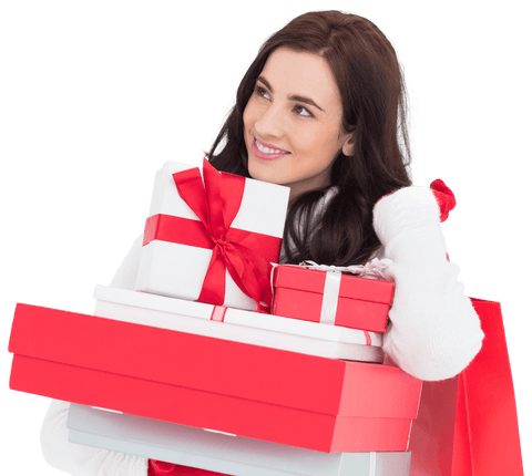 Smiling Woman Holding Red and White Christmas Gifts Transparent PNG
