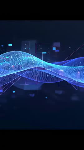 Flowing Mesh Wave Data Stream Emitting Particles Across Neon Cyber Space Vertical Loop