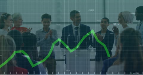 Business Team Meeting Overlayed with Financial Data Visualization