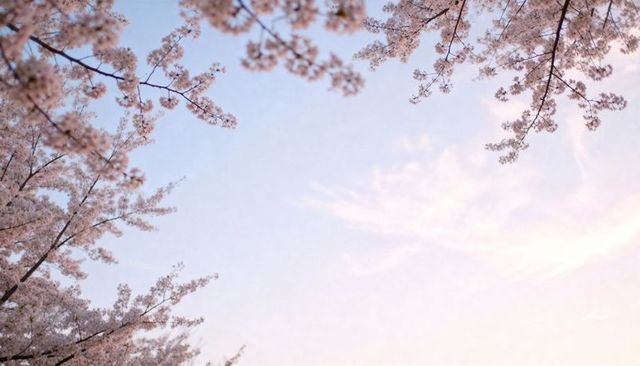 Framing cherry blossom canopy against pastel spring sky in serene sakura panorama