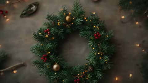 Pulling Camera Bringing Evergreen Wreath into Focus with Twinkling Lights and Red Berries