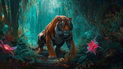 Solitary tiger prowling rainforest understory along narrow path with glowing pink flowers
