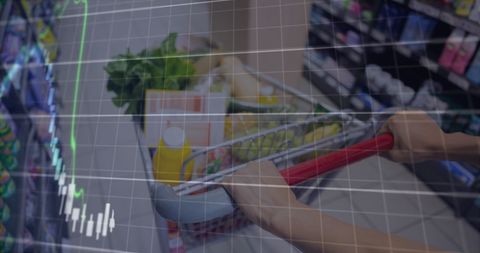 Economic impact on shopping: grocery cart with financial graph overlay