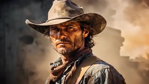 Rugged Cowboy Staring Through Dust in Rustic Ranch Yard