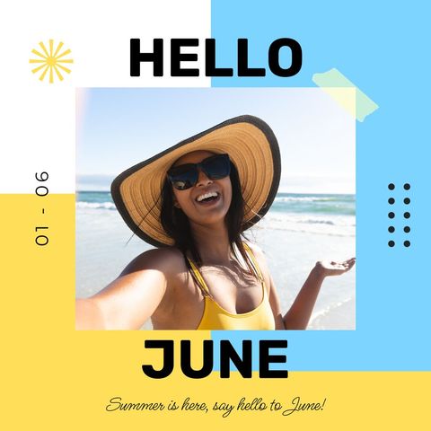 happy woman in sun hat welcomes june at the beach - Download Free Stock Templates Pikwizard.com