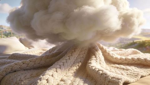 Surreal cozy dream: fluffy cloud hovering over chunky knit blanket in golden sunlight