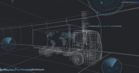 Futuristic 3d truck model over grid on black background