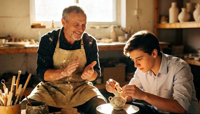 Intergenerational pottery apprenticeship guiding teen through wheel-thrown teapot making