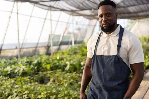 African american greenhouse gardener standing in denim apron tending plants and seedlings