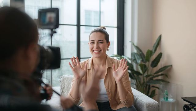Smiling woman waving during live video recording at home studio with natural light