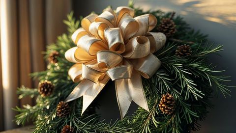 Elegant holiday pinecone wreath with golden bow