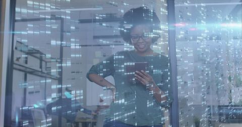 Businesswoman Engaging with Digital Data Overlay