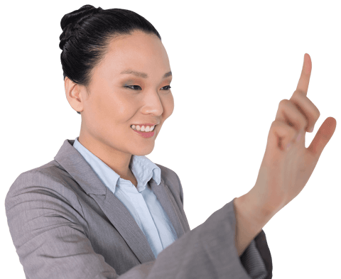 Smiling Asian Businesswoman Using Transparent Virtual Interface