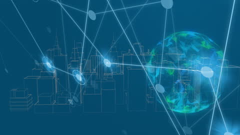 Futuristic Cityscape with Digital Network and Globe Hologram