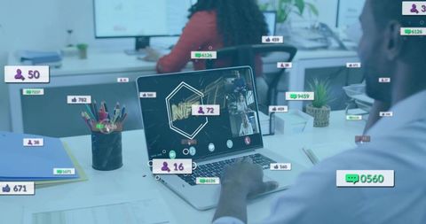 Presenting nft pitch with live engagement metrics during team video call in open office