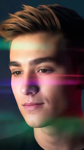 Young Man Watching Futuristic LED Light Streaks | Vertical Tech Portrait Video Neon Motion