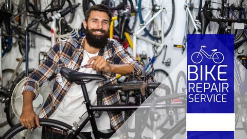 Cheerful Bike Shop Mechanic Providing Repair Services - Download Free Stock Templates Pikwizard.com