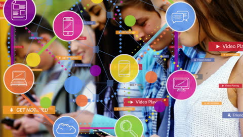 Digital Connectivity Concept with Colorful Icons and Tech Devices